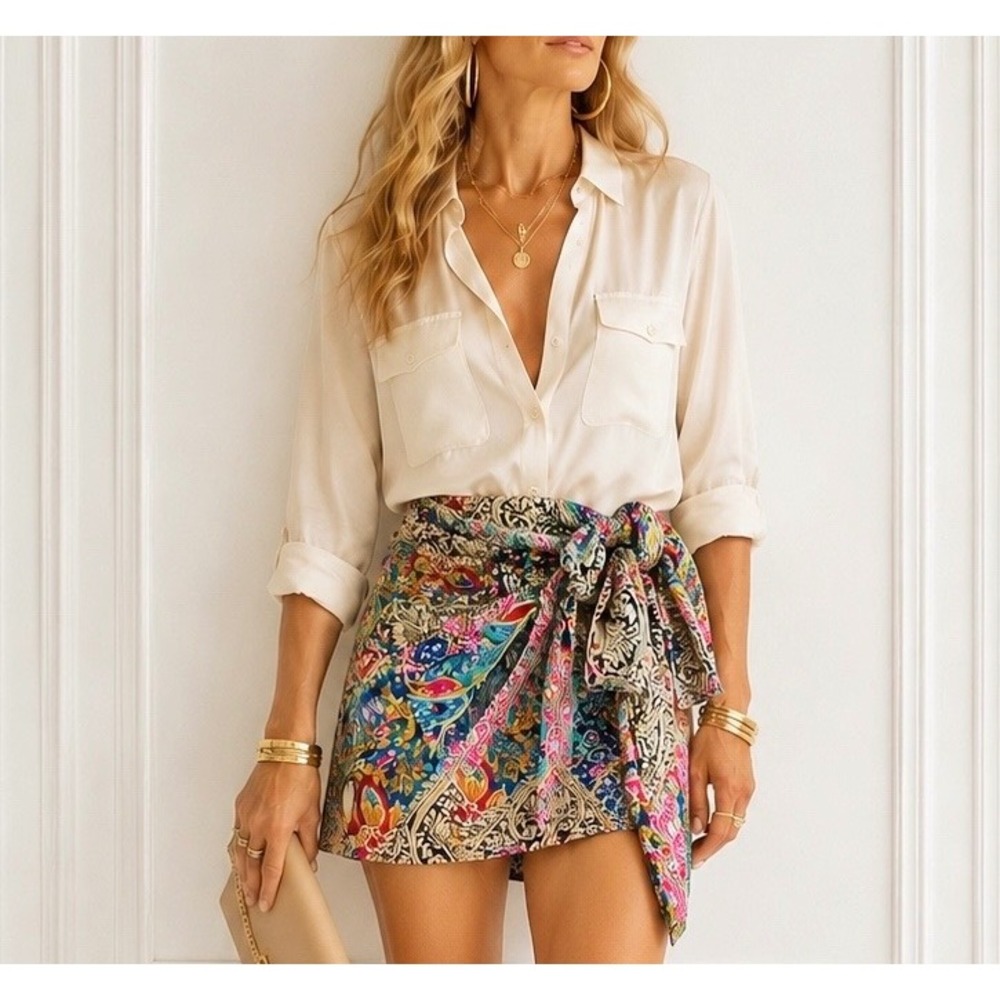 Paisley Wrap Mini Skirt Coastal Cowgirl Mediterranean Summer Boho Resort Small